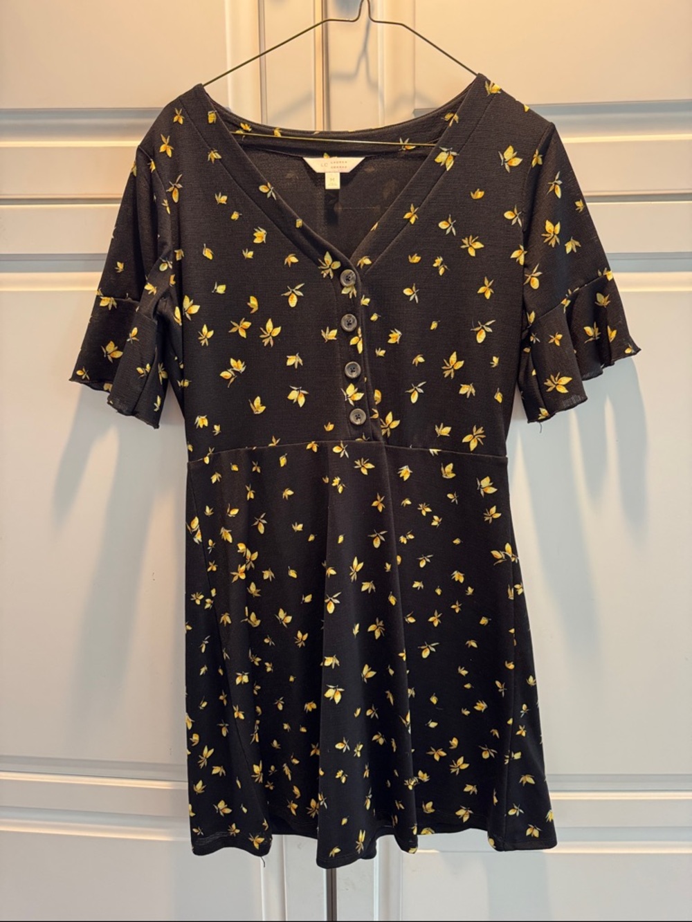 LC Lauren Conrad Women’s Black Floral Button-Front Dress with Yellow Print